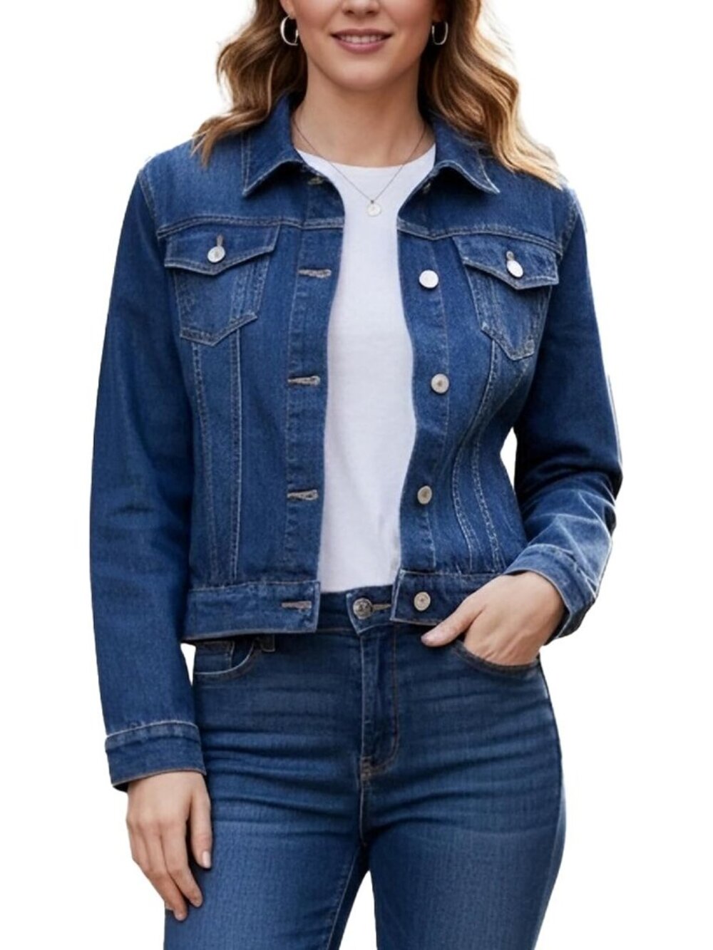 Women's Blue Camouflage Denim Jackets Long Sleeve Zipper Jackets with Pocket